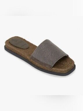 BRUNELLO CUCINELLI Taupe Leather & Monili Espadrille Slides EU 38 US 8 Org $895